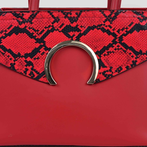 Snake Pattern Zip Closure Tote Shoulder Handbag - Red image