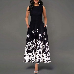 Round Neck Floral printed Long Sleeves Maxi Dress - Black