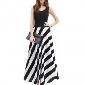 Stylish Striped Print Sleeveless Long Dress - Black