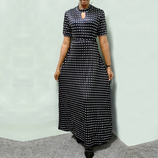Short Sleeved Polka Dot Long Maxi Dress-Black |image
