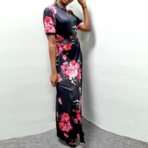 Elegant Floral print short sleeved Maxi Dress-Black image