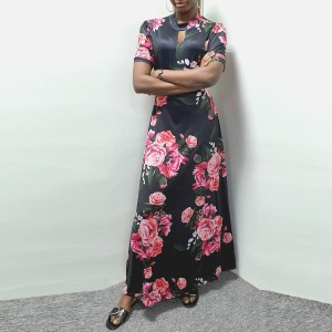 Elegant Floral print short sleeved Maxi Dress-Black