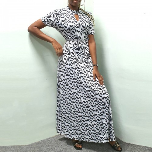Plaid Print Round neck Short Sleeve Maxi Dress -Black image