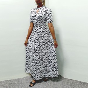 Plaid Print Round neck Short  Sleeve Maxi Dress -Black