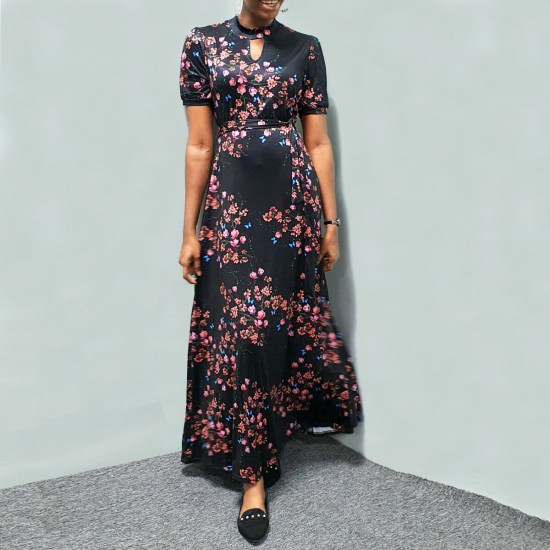 Floral A-Line Short Sleeved Maxi Dress - Black image