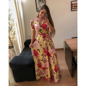 Retro Floral Printed Short Sleeved Maxi Dress-Yellow