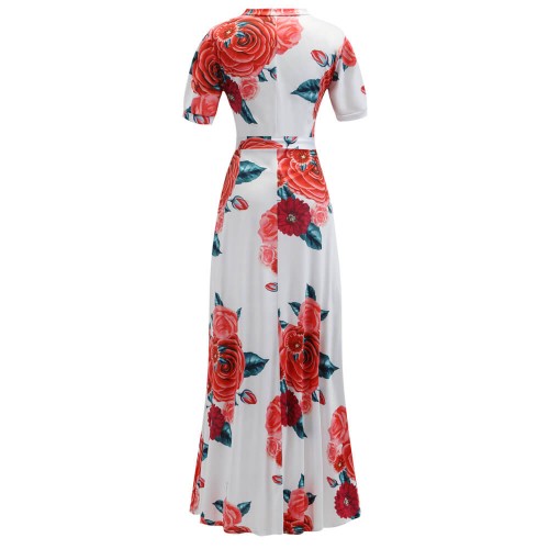 Short Sleeved Retro Floral Print Maxi Dress