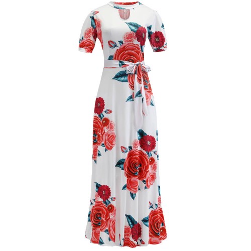 Short Sleeved Retro Floral Print Maxi Dress