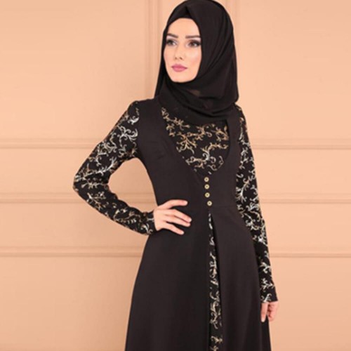Arabic Elegant Style Long Sleeved Maxi Dress -Black |image