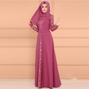 Arabic Elegant Style Long Sleeved Maxi Dress -Pink