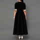Buttoned Plaid Stitched Mid sleeve Long Dress-Black image