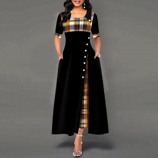 Buttoned Plaid Stitched Mid sleeve Long Dress