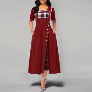 Buttoned Plaid Stitched Mid sleeve Long Dress- Red