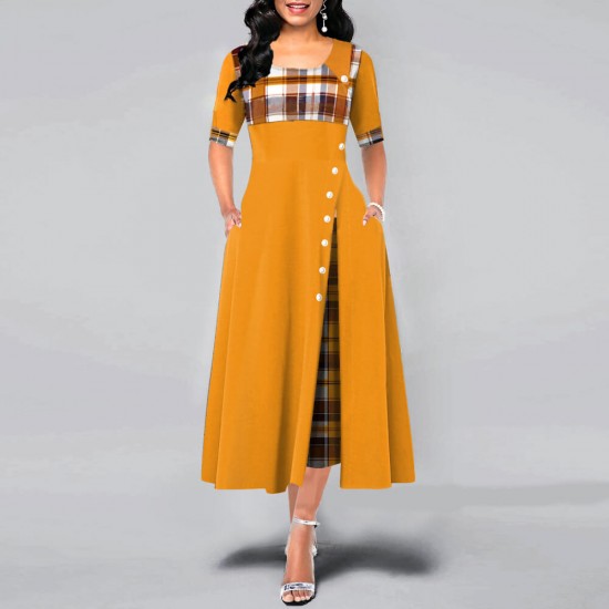 Buttoned Plaid Stitched Mid sleeve Long Dress- Brown image