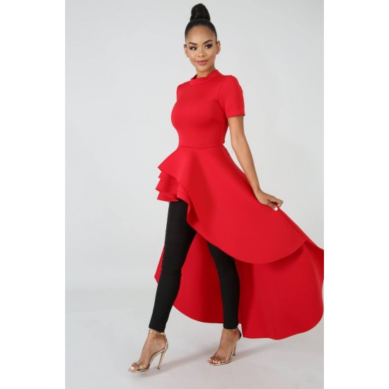 Asymmetric Short Sleeve Evening Dress -Red image