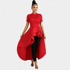 Asymmetric Short Sleeve Evening Dress -Red