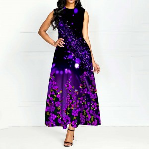 Cross Border Floral Print Sleeveless Maxi Dress -Purple
