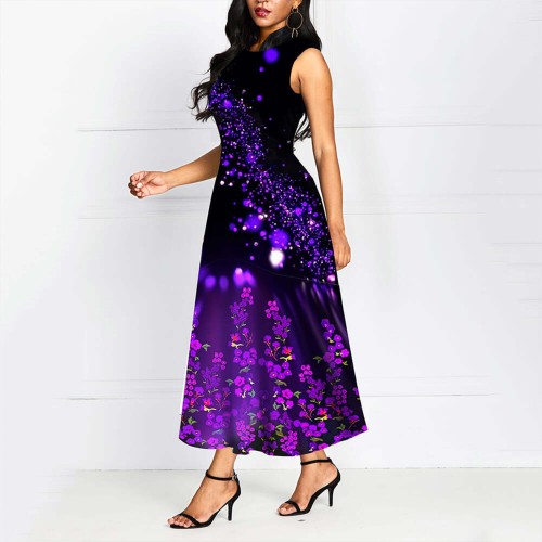 Cross Border Floral Print Sleeveless Maxi Dress -Purple image