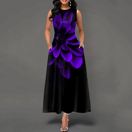 Casual Floral Print Sleeveless Maxi Dress -Black| image