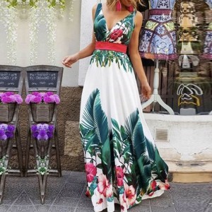 Mexican Style Chiffon Floral Sleeveless Maxi Dress -White