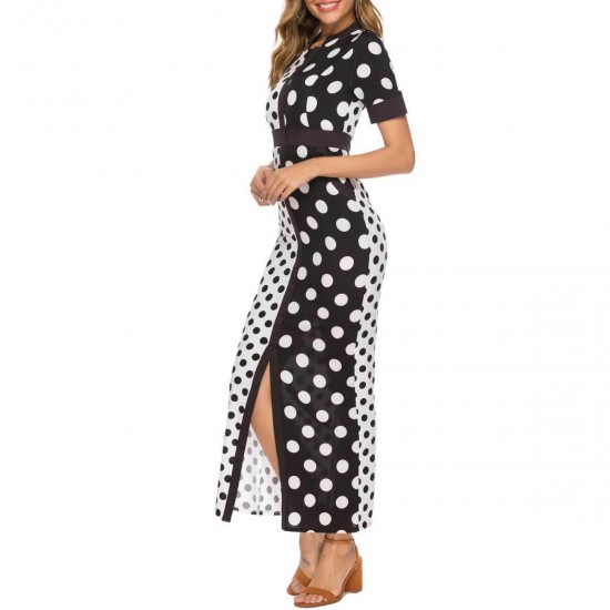 Polka Dot Mid Waist Short Sleeved Maxi Dress -Black image