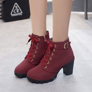 Martin Style Round Toe Lace up Ankle Boots -Red