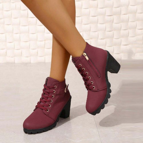 Martin Style Round Toe Lace up Ankle Boots -Red image