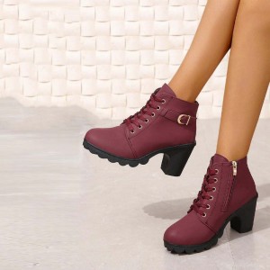 Martin Style Round Toe Lace up Ankle Boots -Red