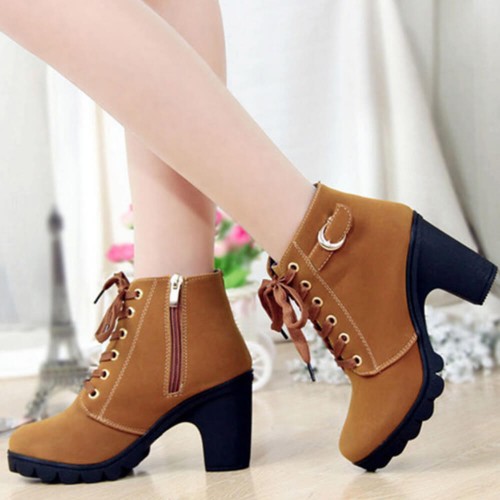 Martin Style Round Toe Lace up Ankle Boots -Brown image