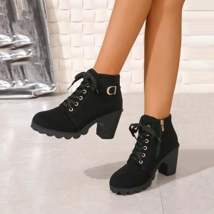 Martin Style Round Toe Lace up Ankle Boots -Black