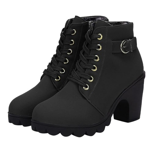 Martin Style Round Toe Lace up Ankle Boots -Black image