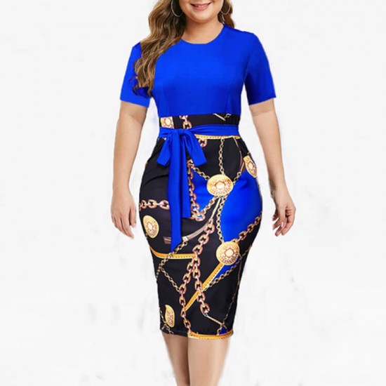 Casual Belted Body Con Mid calf Mini Dress -Blue image
