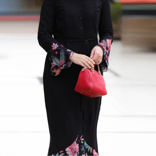 Stylish Floral Printed Front Button Long Sleeve Maxi Dress -Black image