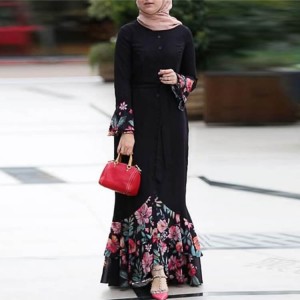 Floral Printed Front Button Long Sleeve Maxi Dress -Black
