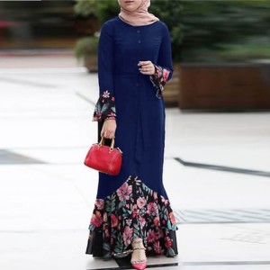 Floral Printed Front Button Long Sleeve Maxi Dress- Blue
