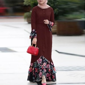 Floral Printed Front Button Long Sleeve Maxi Dress -Maroon