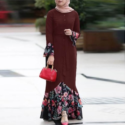 Floral Printed Front Button Long Sleeve Maxi Dress -Maroon image