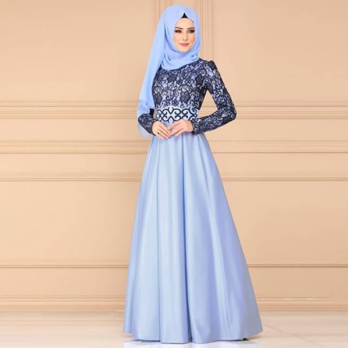 Vintage Style High Waist Arabic Maxi Dress- Light Blue