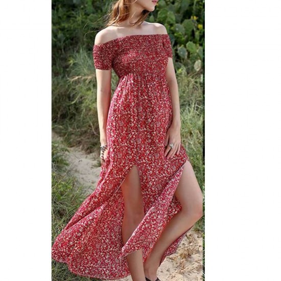 Casual Off Shoulder Floral Print Evening Dress -Red image