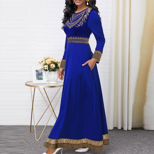 Retro Style Ethnic Printed High Waist Long Dress-Blue image