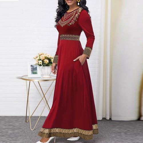 Retro Style Ethnic Printed High Waist Long Dress- Red image