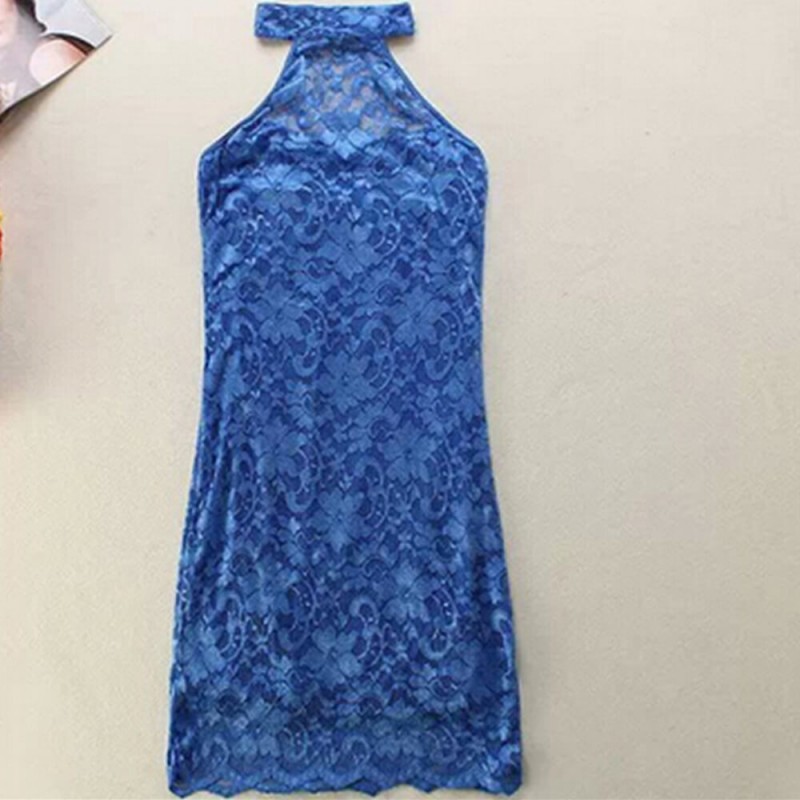 American Style Halter Neck Lace Party Mini Dress -Blue image