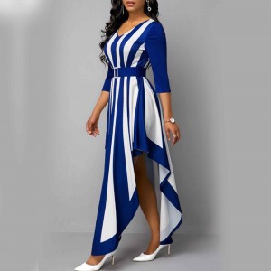 Striped Cross Border Sleeve Irregular Long Dress -Blue