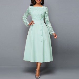 Lace Patchwork Stitching High Waist Evening Dress -Light Green