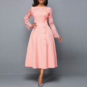  Lace Patchwork Stitching High Waist Evening Dress- Pink