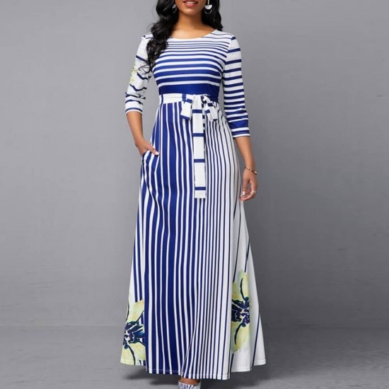 Irregular Pattern stripe Printed Arabic Style Long Swing Dress -Blue image
