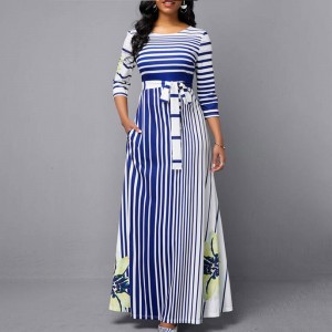Irregular Pattern stripe Printed Arabic Style Long Swing Dress -Blue