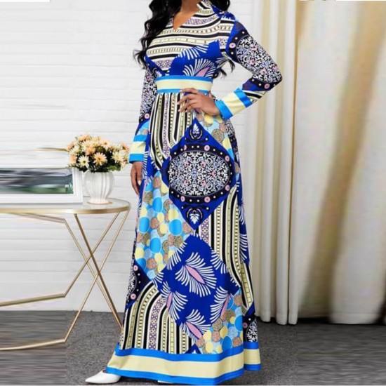 Multi Pattern European Style Split Neck Maxi Dress -Blue image