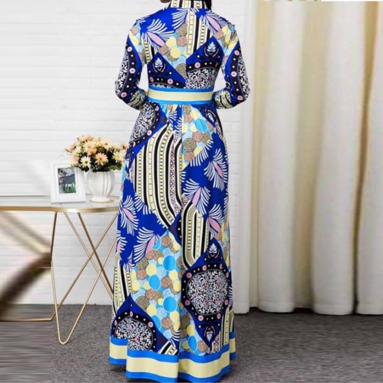 Multi Pattern European Style Split Neck Maxi Dress -Blue image