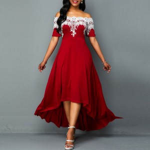 Elegant Off Shoulder Lace Panel High Low Dress- Red